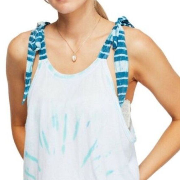 Free People Women's Blouse Koa Cotton Tie-Strap Crop Tank Top Scoop Neck Blue L - Picture 2 of 2